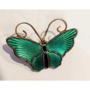 Vtg DA David Andersen Signed Norway Butterfly Brooch Sterling & Green Enamel 925